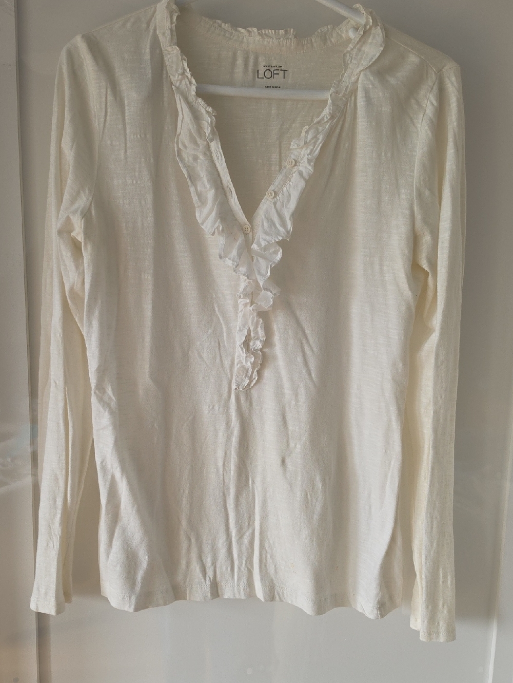 LOFT Cream Ruffle V-Neck Long Sleeve Top